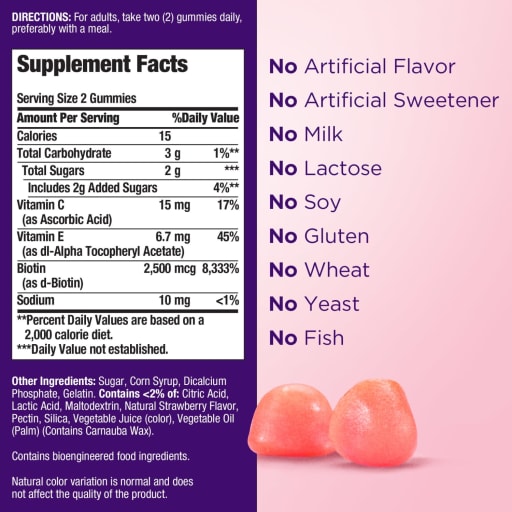 Hair, Skin & Nails Gummies with Biotin 2500 mcg Strawberry Flavored