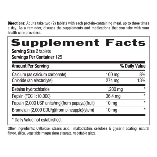 Betaine Hydrochloride With Pepsin 600 mg
