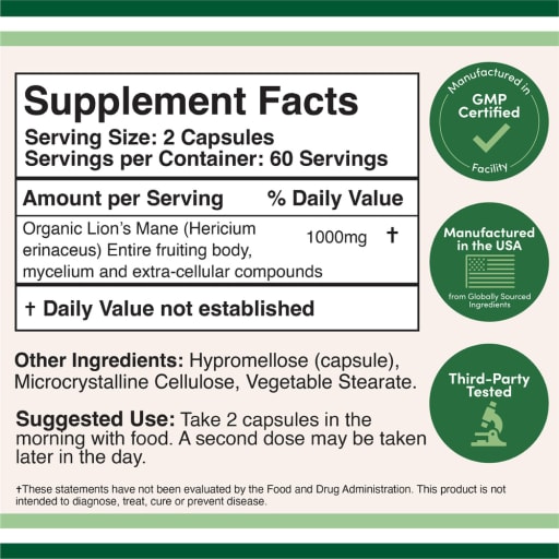 Lions Mane Supplement Mushroom Capsules