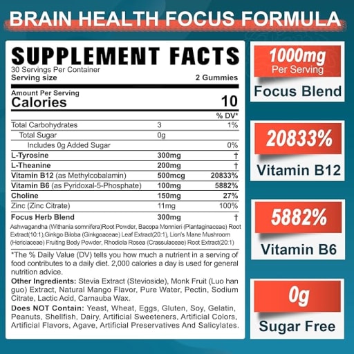 L-Theanine B6 L-Tyrosine B12 Ginkgo Biloba Choline Bacopa Lion's Mane Mushroom