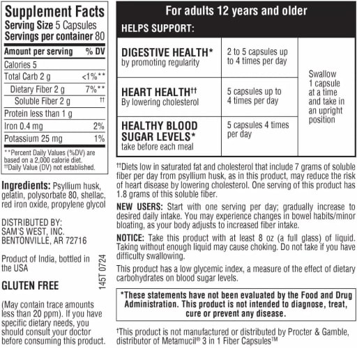100% Natural Psyllium Husk Fiber Capsules