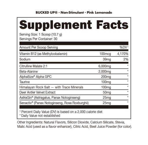 Bucked Up Non-Stimulant Pre-Workout (Pink Lemonade)