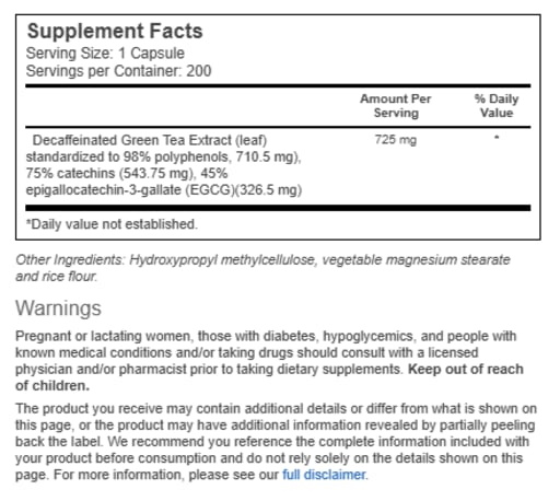 Decaffeinated Green Tea Extract 725 mg