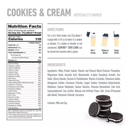 Zero Carb Whey Protein Isolate Powder (Cookies & Cream)