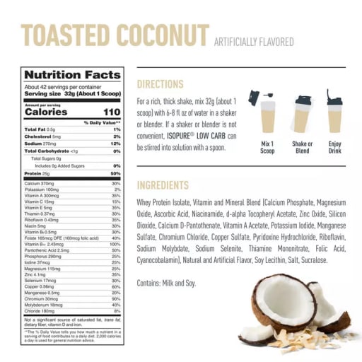 Zero Carb Whey Protein Isolate Powder (Toasted Coconut)