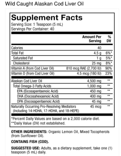 Wild Caught Alaskan Cod Liver Oil 1000 mg (Natural Lemon Flavor)