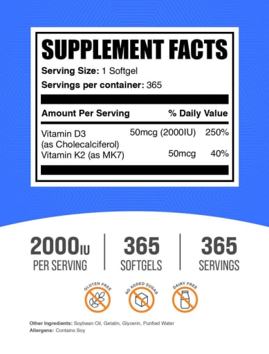 Vitamin D3 + Vitamin K2 Softgels 2000 IU