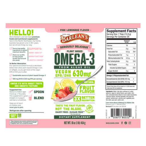 Seriously Delicious Plant Based Omega-3 630 mg (Pink Lemonade Swirl)