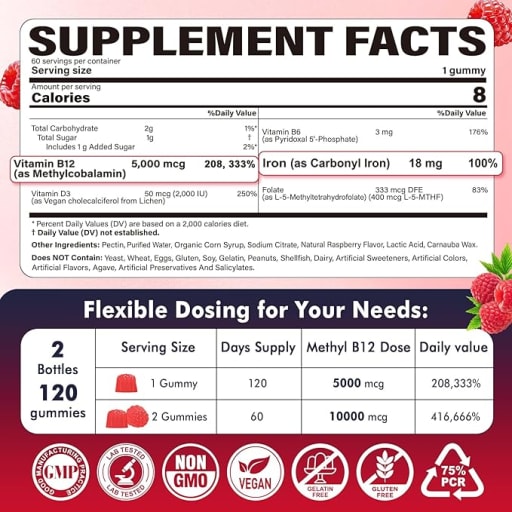 Methyl B12 Vitamins 5000 mcg Gummies + Iron 18 mg for Women
