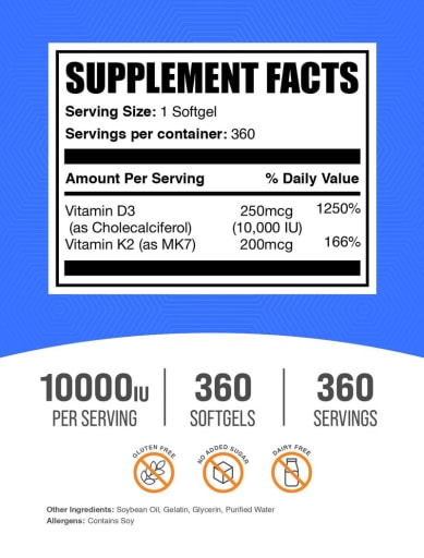 Vitamin D3 + Vitamin K2 Softgels 10000 IU