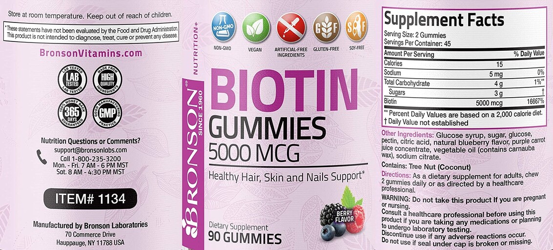 Bronson Biotin Gummies 5000 mcg Berry Flavor | SuppCo