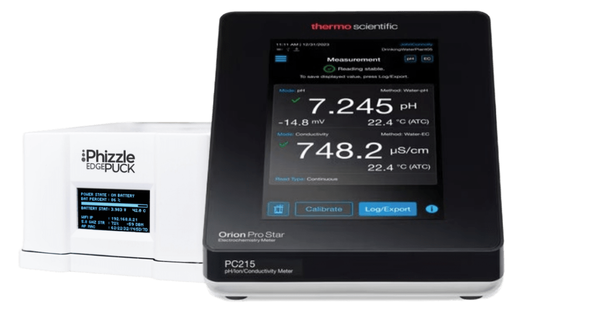 The Phizzle Edge Puck beside a Thermo Scientific Orion Pro Star benchtop meter showing pH and conductivity readings