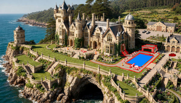 Adding pool, tables, people and cars