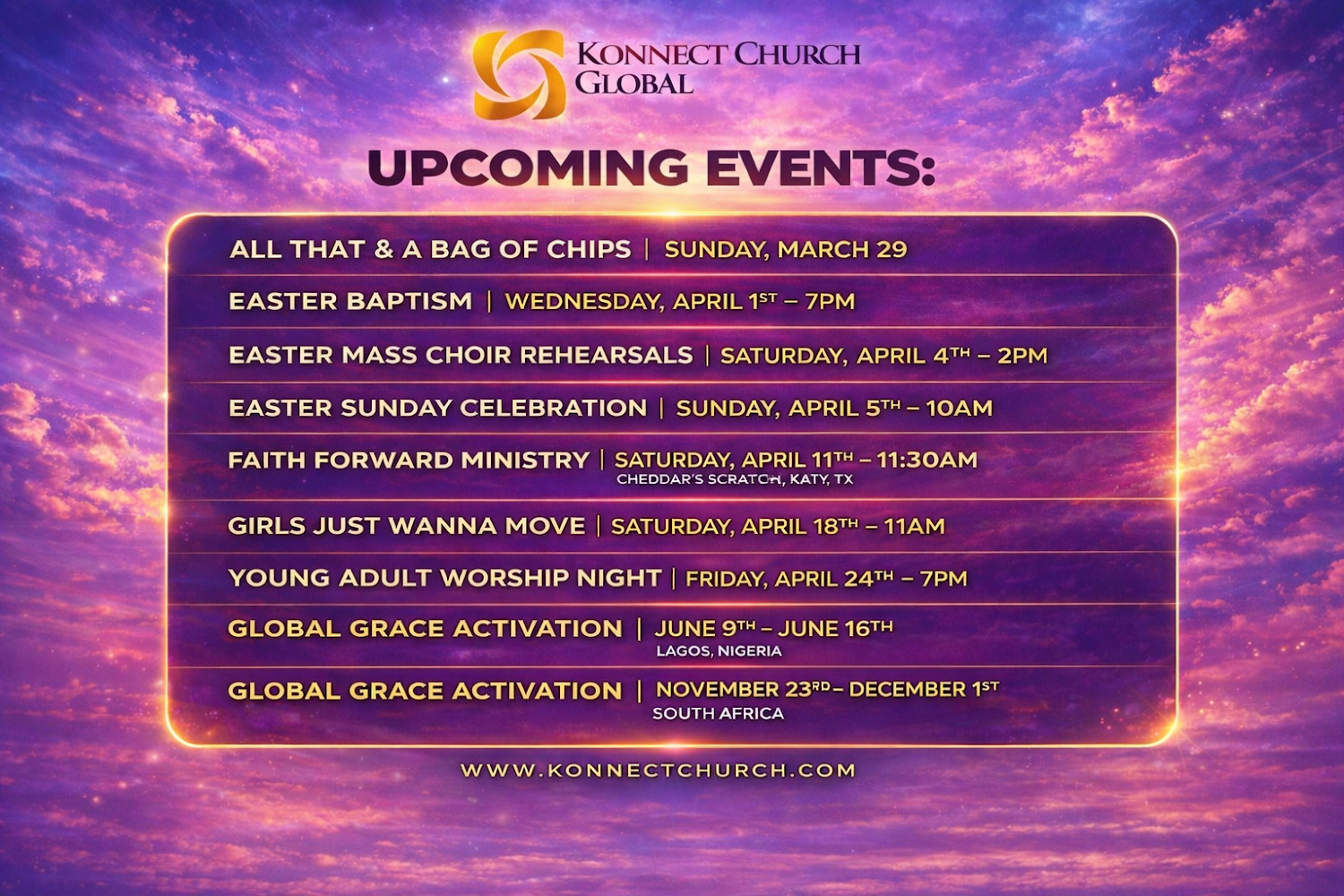 Konnect Church Global 2026 Updates: Upcoming Events, Easter Services and Weekly Activities