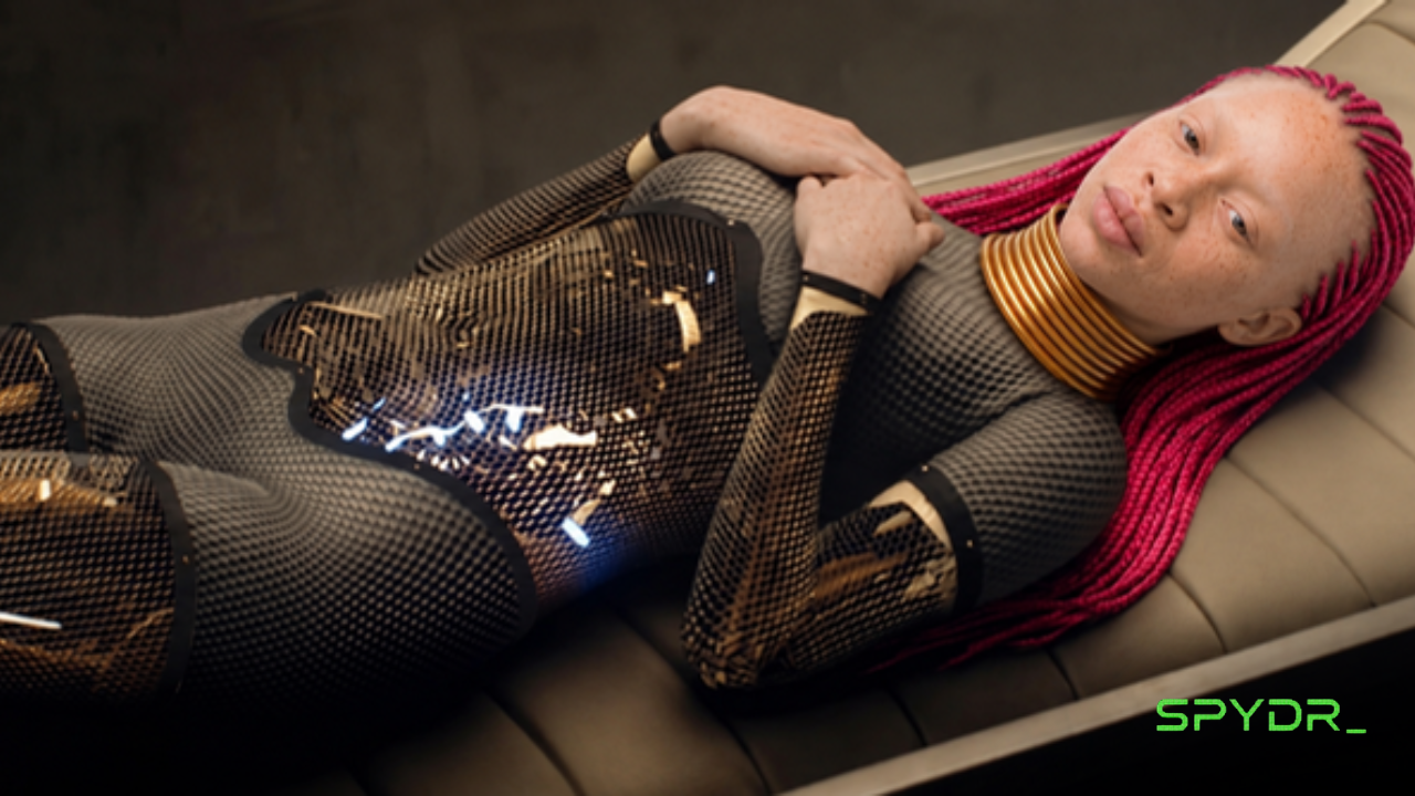 Azainia depicted as an embodied AI humanoid with pink braids and gold neck rings in a futuristic laboratory