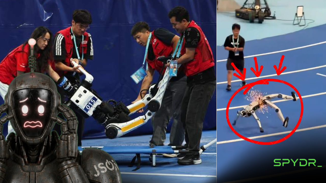 Humanoid robots competing and falling during the 2026 World Humanoid Robot Games in Beijing
