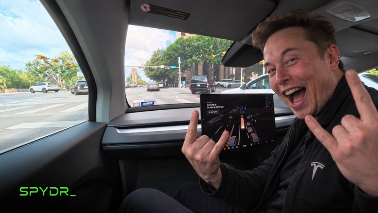 AI-generated visual of Elon Musk inside a Tesla Cybercab making a rock-star hand gesture