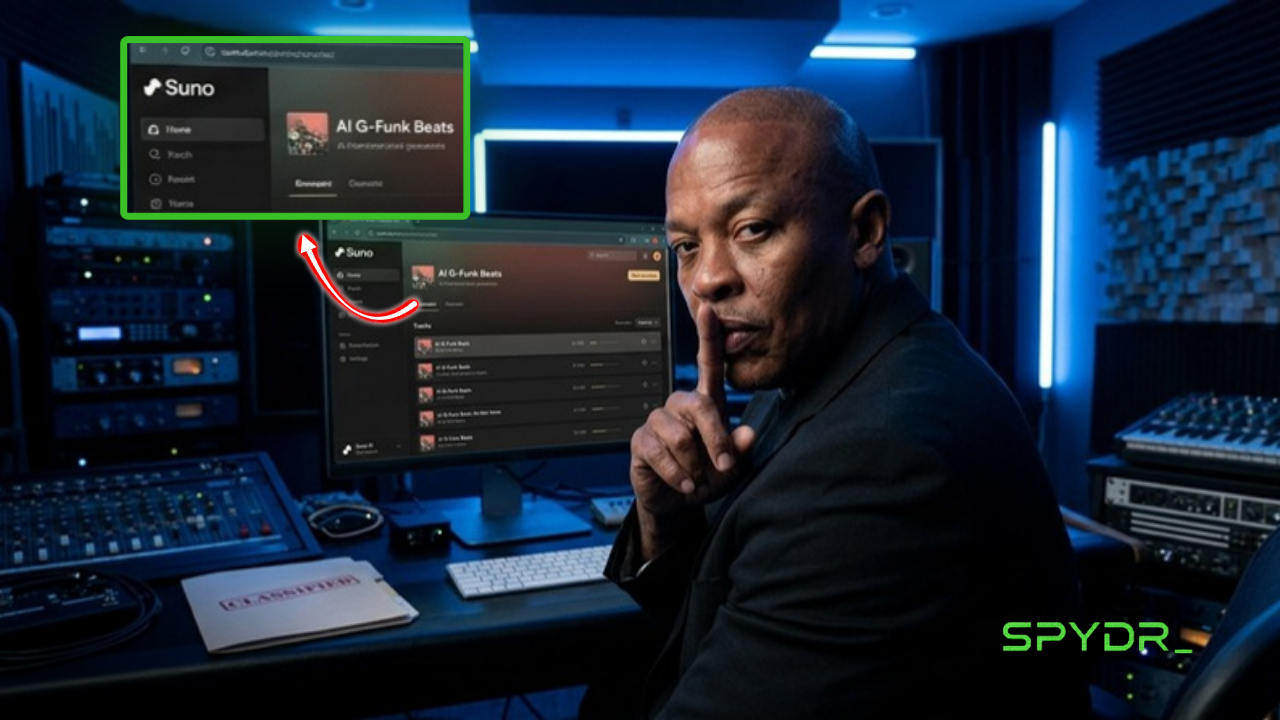 AI-generated visual of Dr. Dre and Eminem in a recording studio with Suno branding