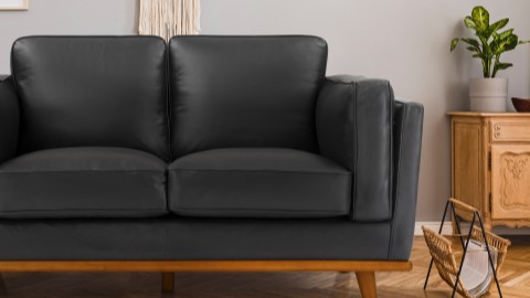 Left-Side, Half Armrest & Half Seat Close-Up View of Modern, Cognac, Loveseat, Leather Artisan Sofa