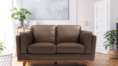 Left-Side, Half Armrest & Half Seat Close-Up View of Modern, Cognac, Loveseat, Leather Artisan Sofa