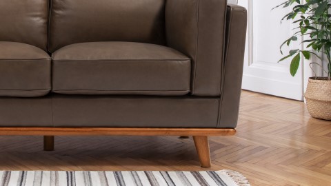 Wooden Leg Close-Up View of A Modern, Cognac, Loveseat, Leather Artisan Sofa.