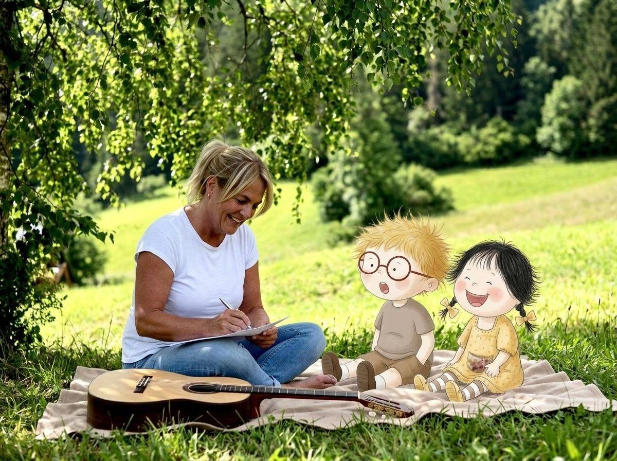 Claudia mit zwei illustrierten Kindern