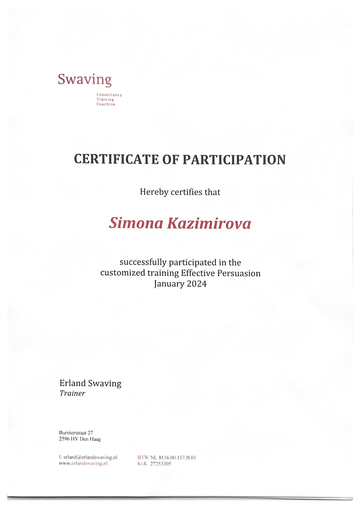 Effective Persuasion certificate (Swaving)