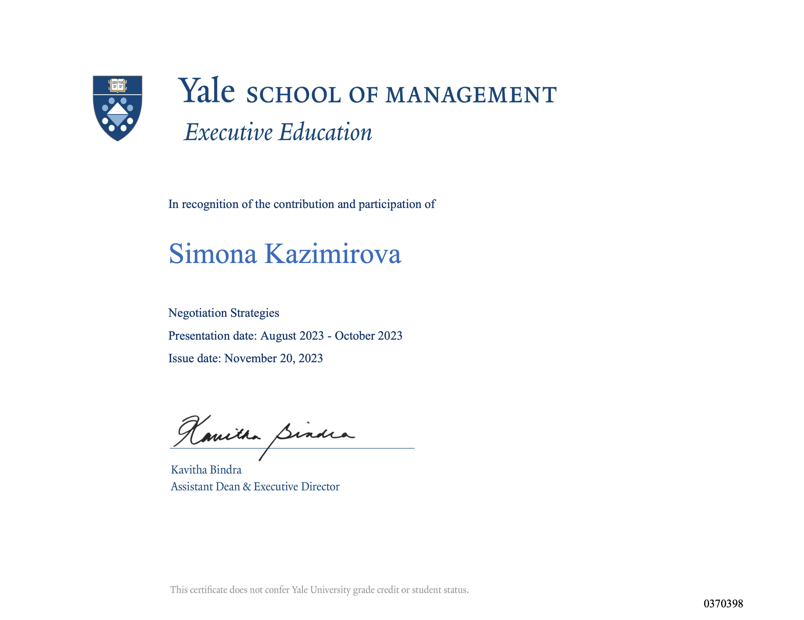 Negotiation Strategies certificate (Yale School of Management)