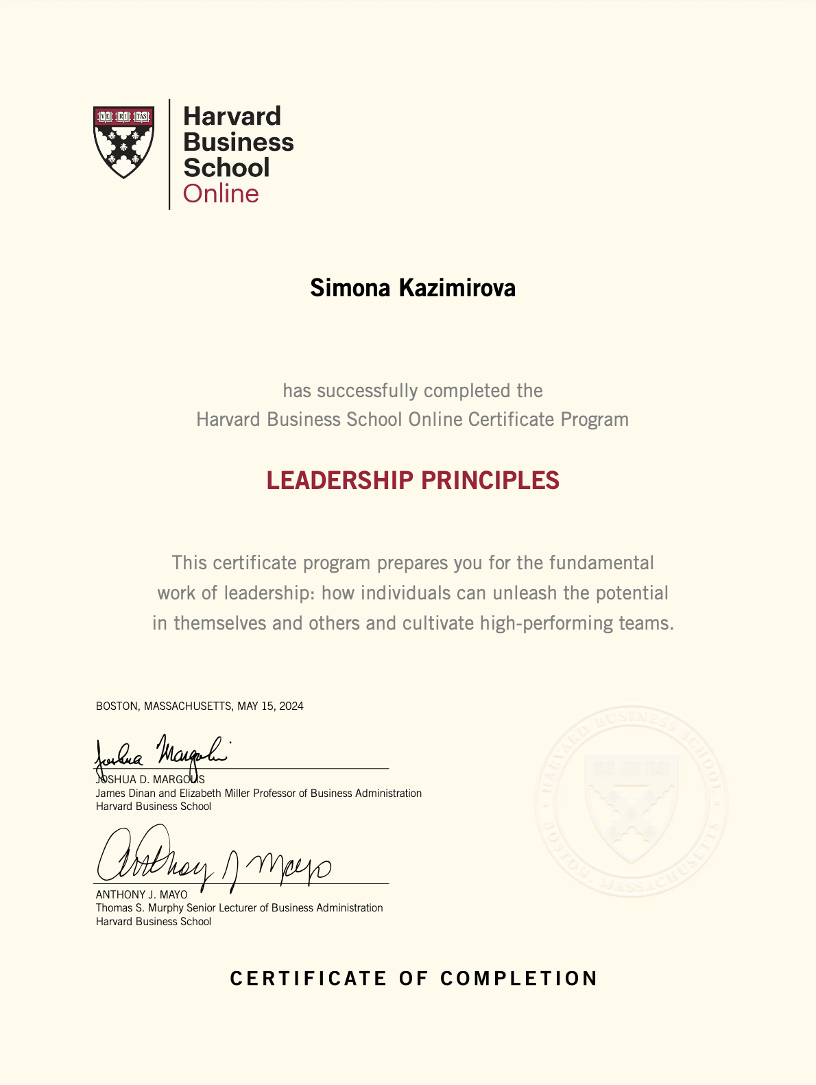 Leadership Principles certificate (Harvard Business School Online)