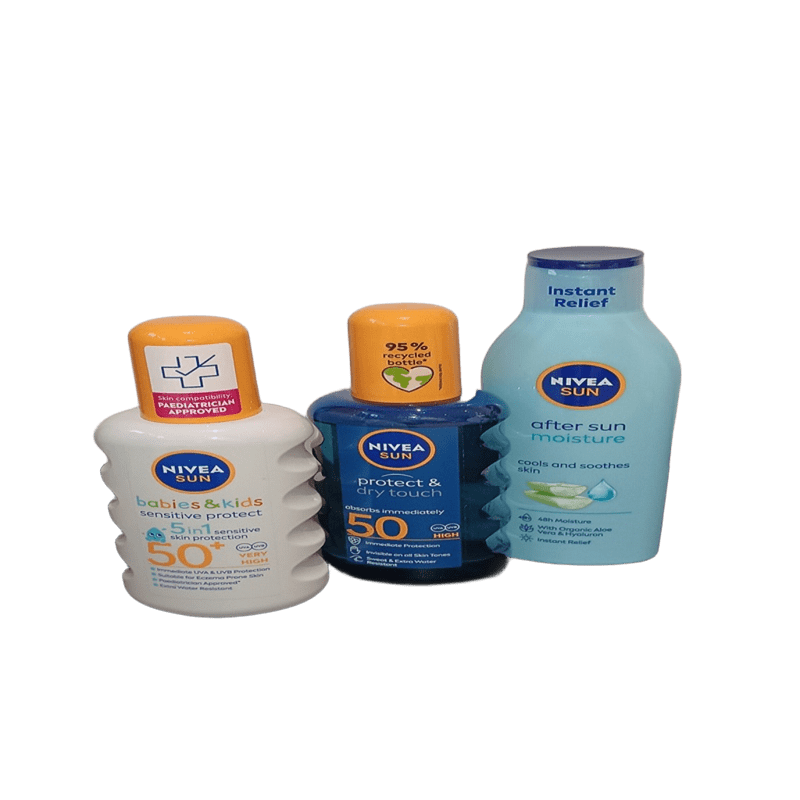 NIVEA Sun Care Bundle – 3x New | Kids & Baby SPF 50 | Dry Touch Spray | After Sun Moisture