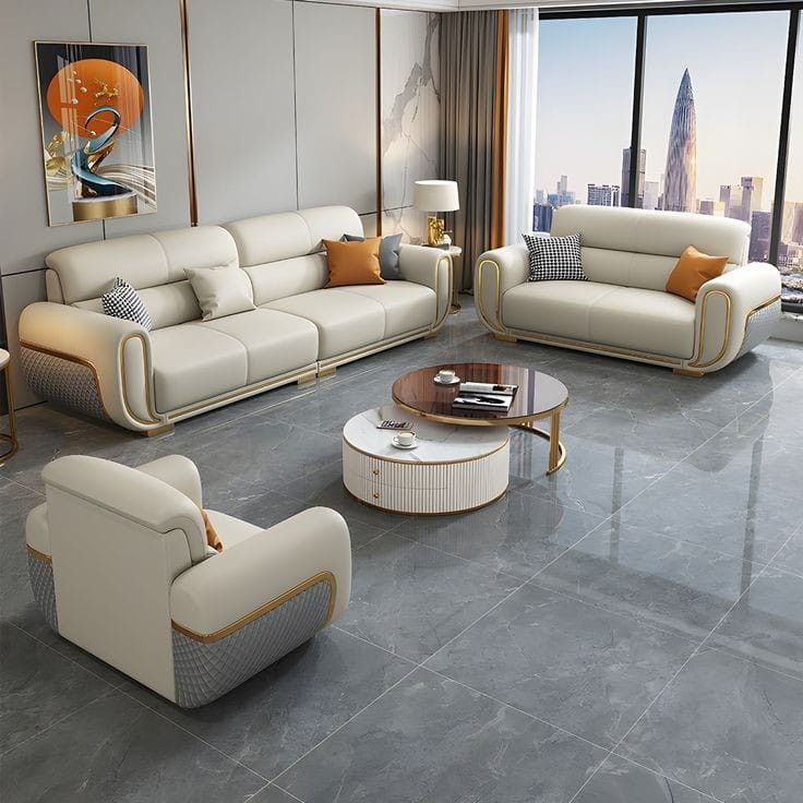 Cream Leather Executive Living Set