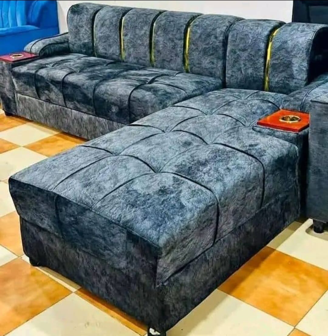 Grey Velvet L-Sofa with Ottoman