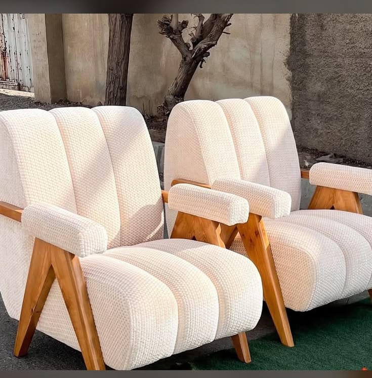 Cream Boucle Wooden Armchairs