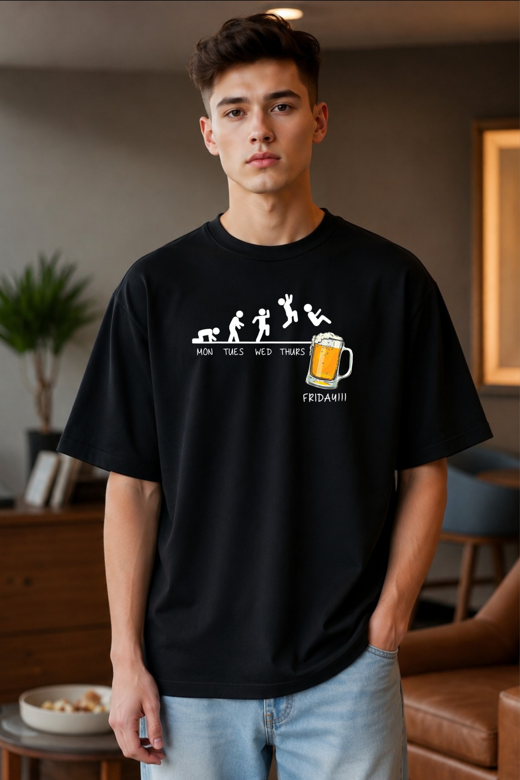 🍺 Friday Vibes Graphic Oversized T-Shirt – Black - Image 1