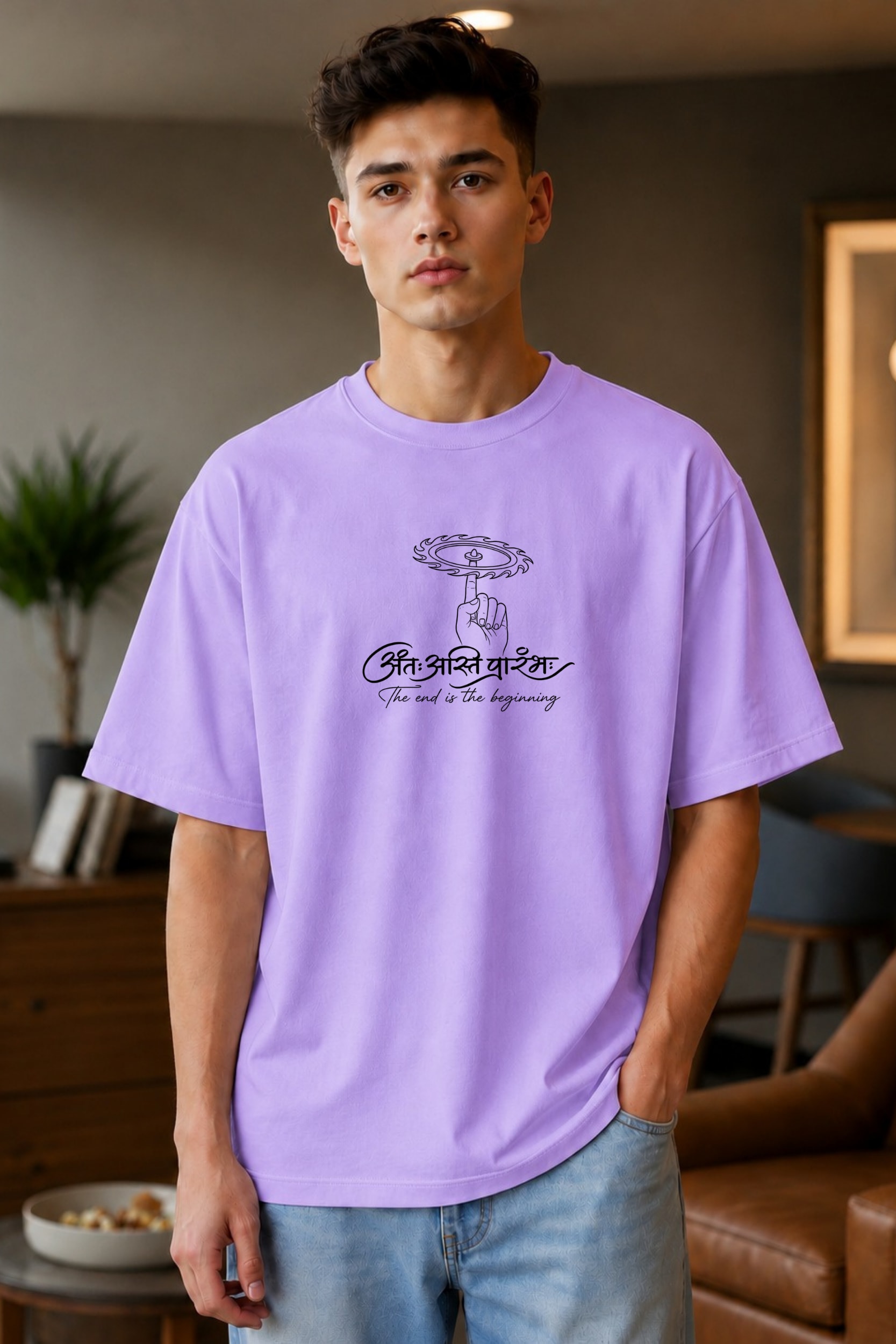 ✨ Antah Asti Aarambh Oversized T-Shirt – White & Lavender - Image 1