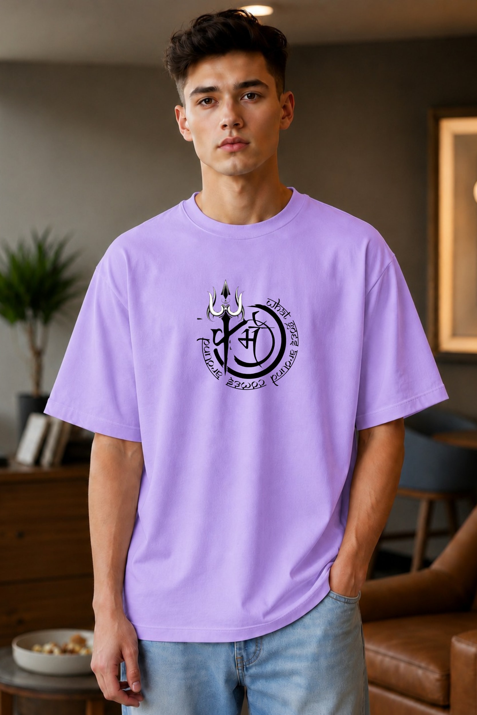 🕉️ Mahadev Eternal Symbol Oversized T-Shirt – White & Lavender thumbnail 2