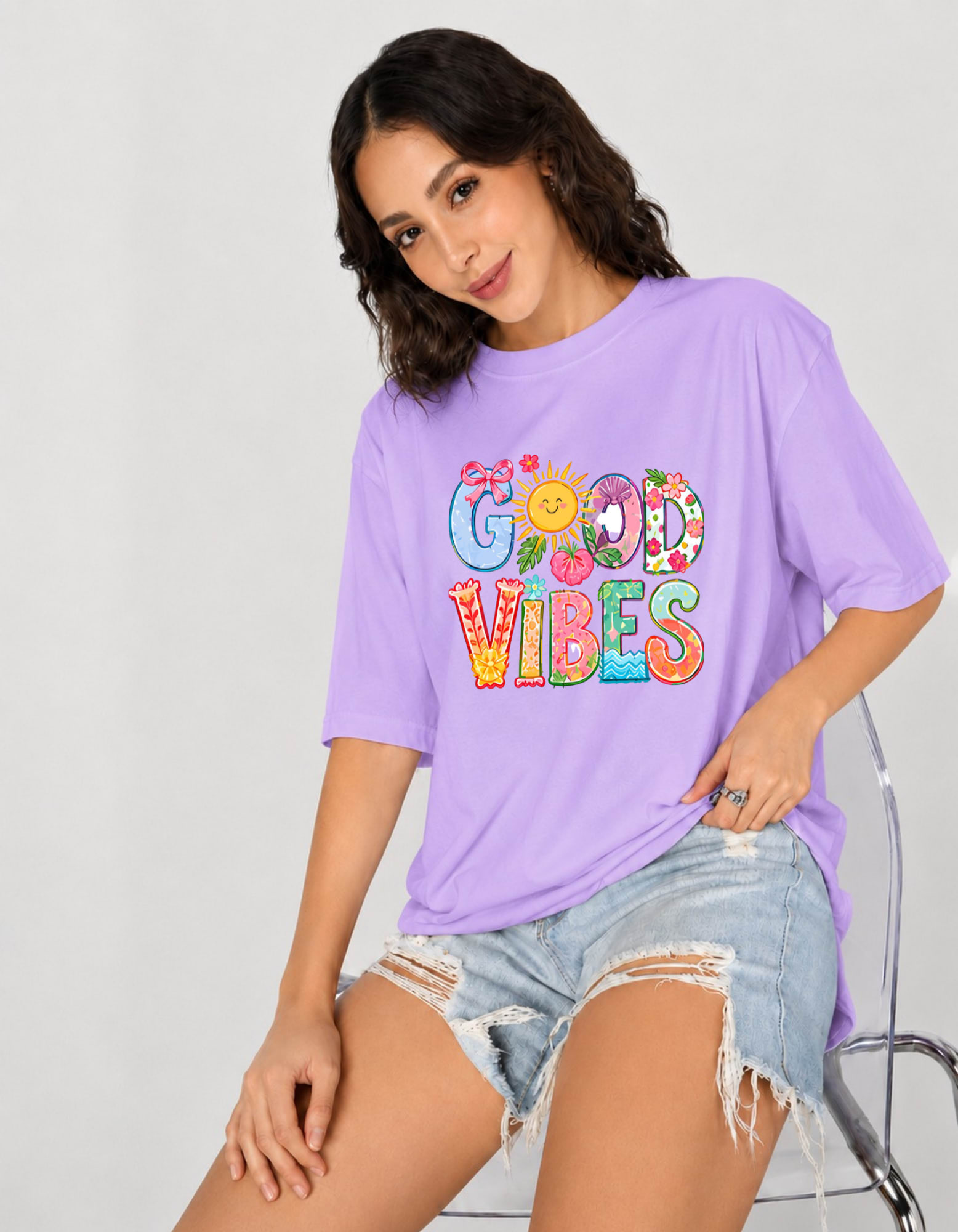 Good Vibes Oversized Graphic T-Shirt for Women thumbnail 2