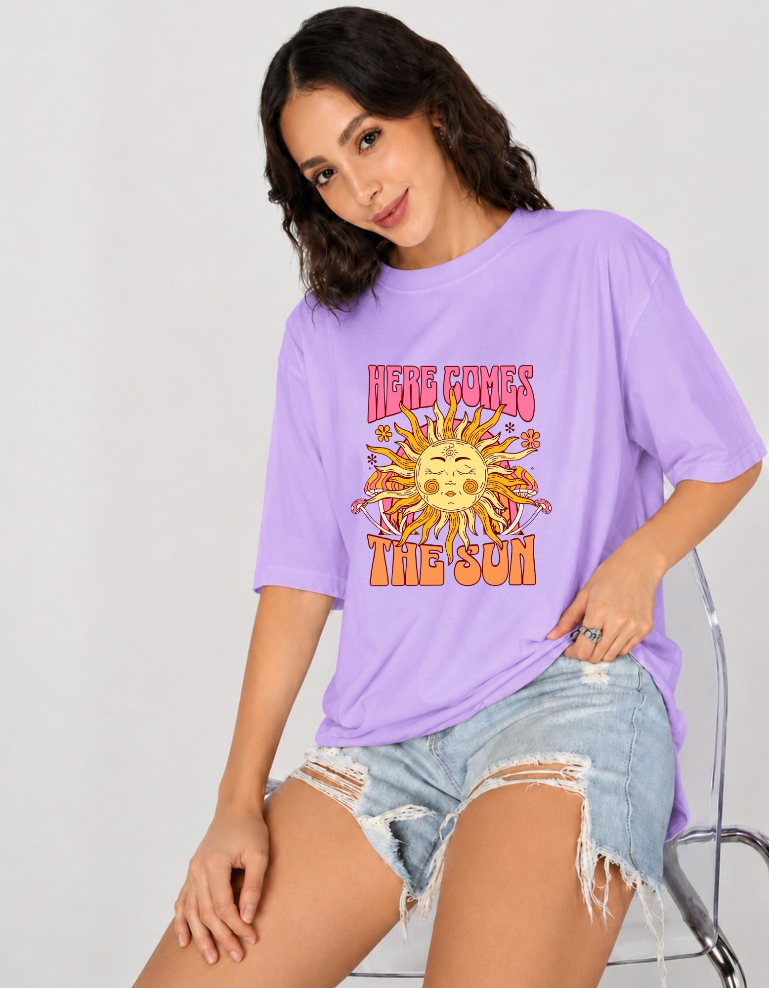 Here Comes The Sun Oversized Graphic T-Shirt for Women