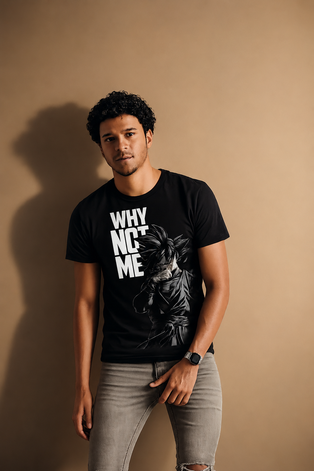 Men's "WHY NOT ME" Anime Graphic T-Shirt – Black alternate