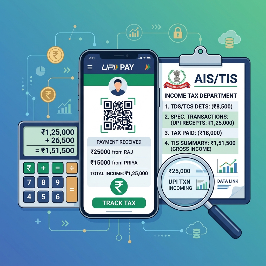 Smartphone showing UPI payment interface alongside Income Tax AIS and TIS documents