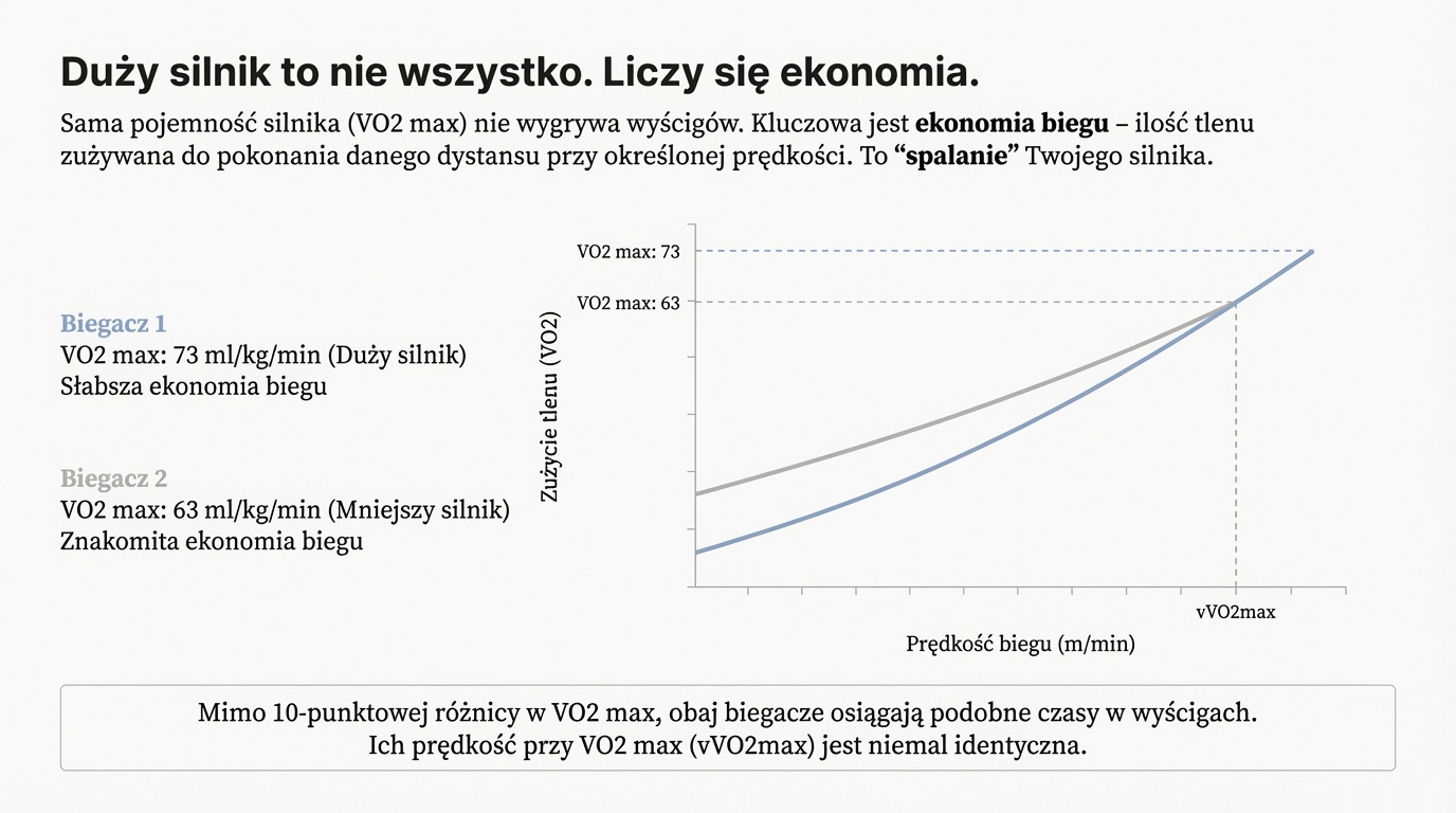 Wykres porównujący dwóch biegaczy o różnym VO2max i ekonomii
