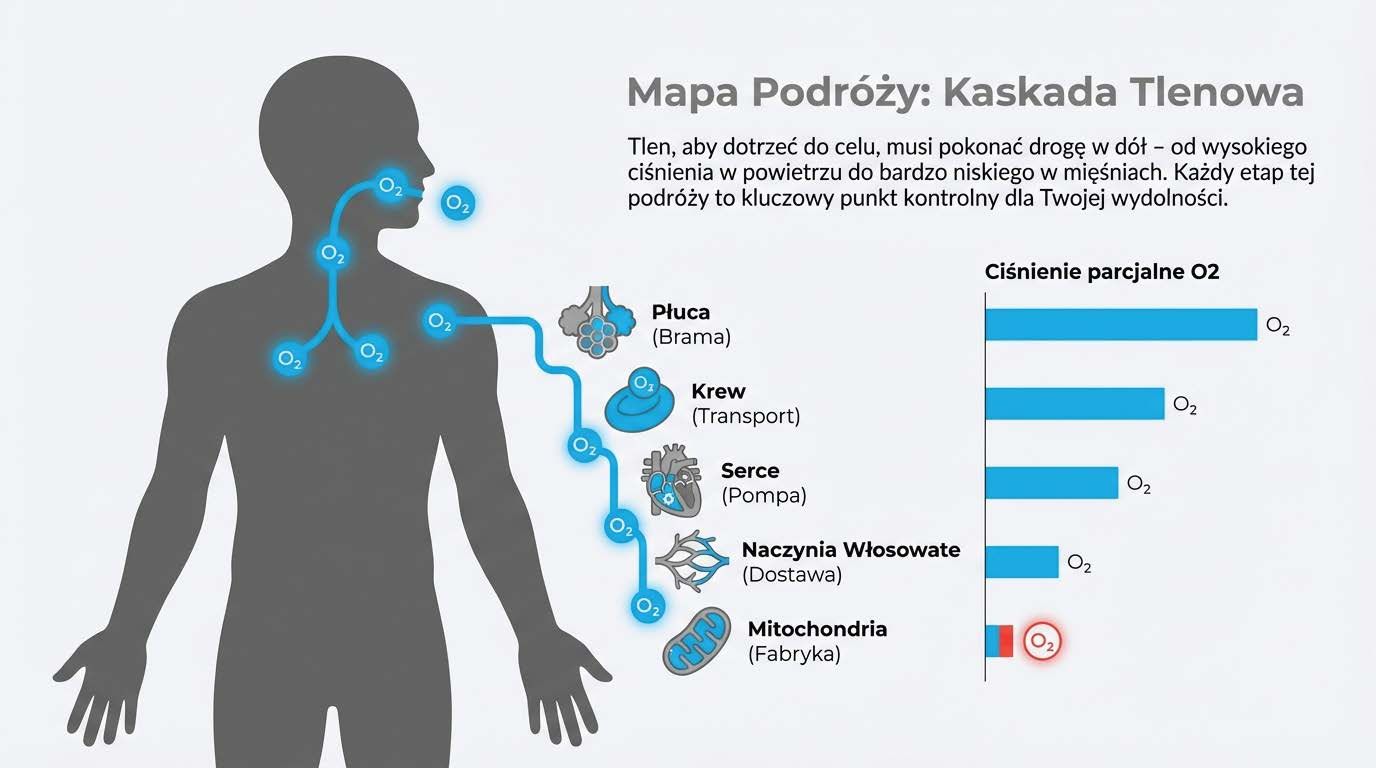 Schemat kaskady tlenowej od płuc do mitochondriów