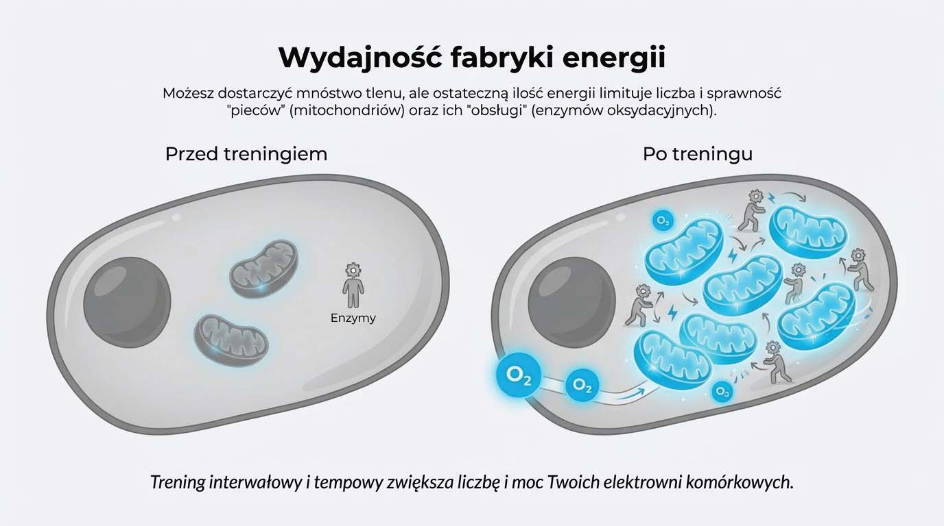 Mitochondrium jako fabryka produkująca energię z tlenu i glukozy