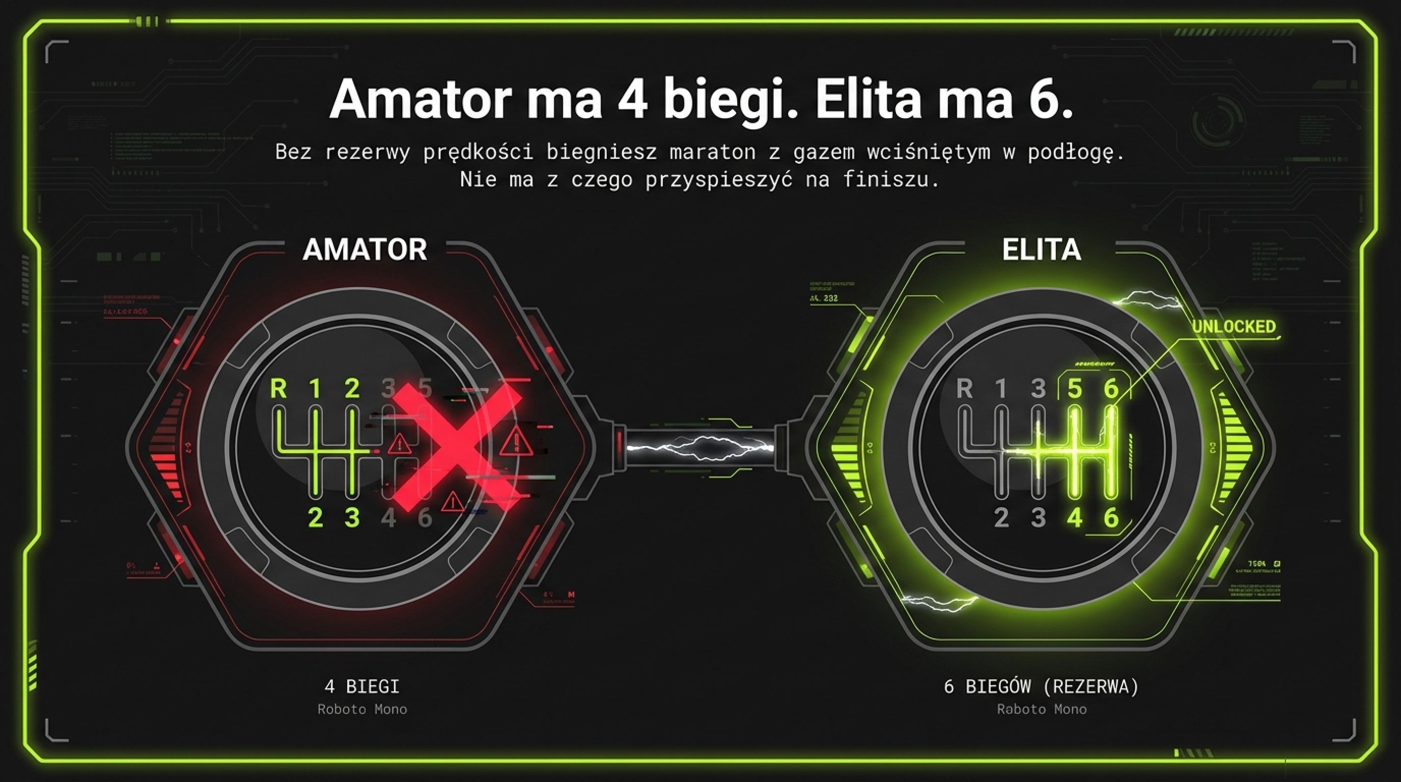 Amator ma 4 biegi, elita ma 6 - metafora skrzyni biegów i rezerwy na finisz
