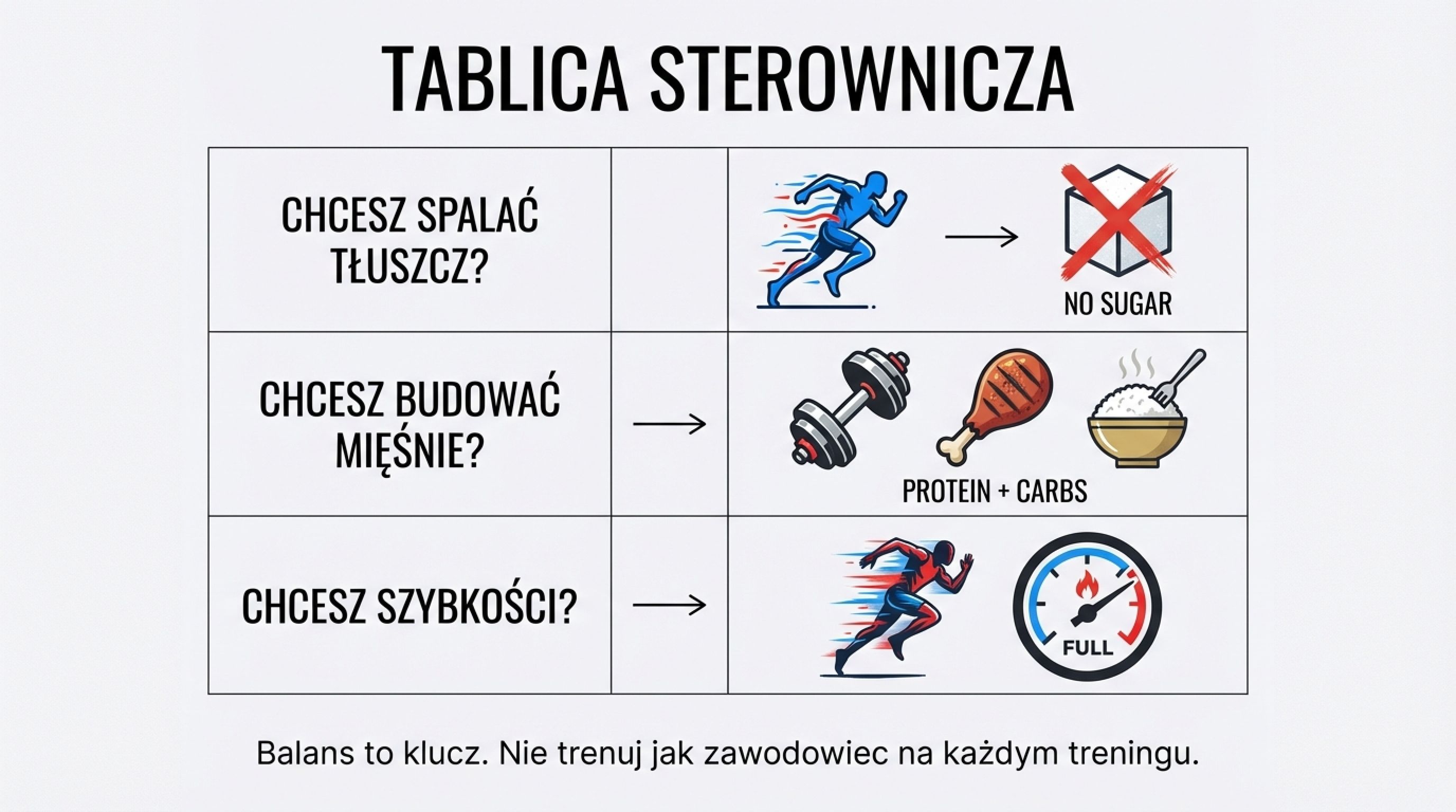 Tablica sterownicza - spalanie tłuszczu bez cukru, budowa mięśni z białkiem i węglowodanami, szybkość na pełnym baku