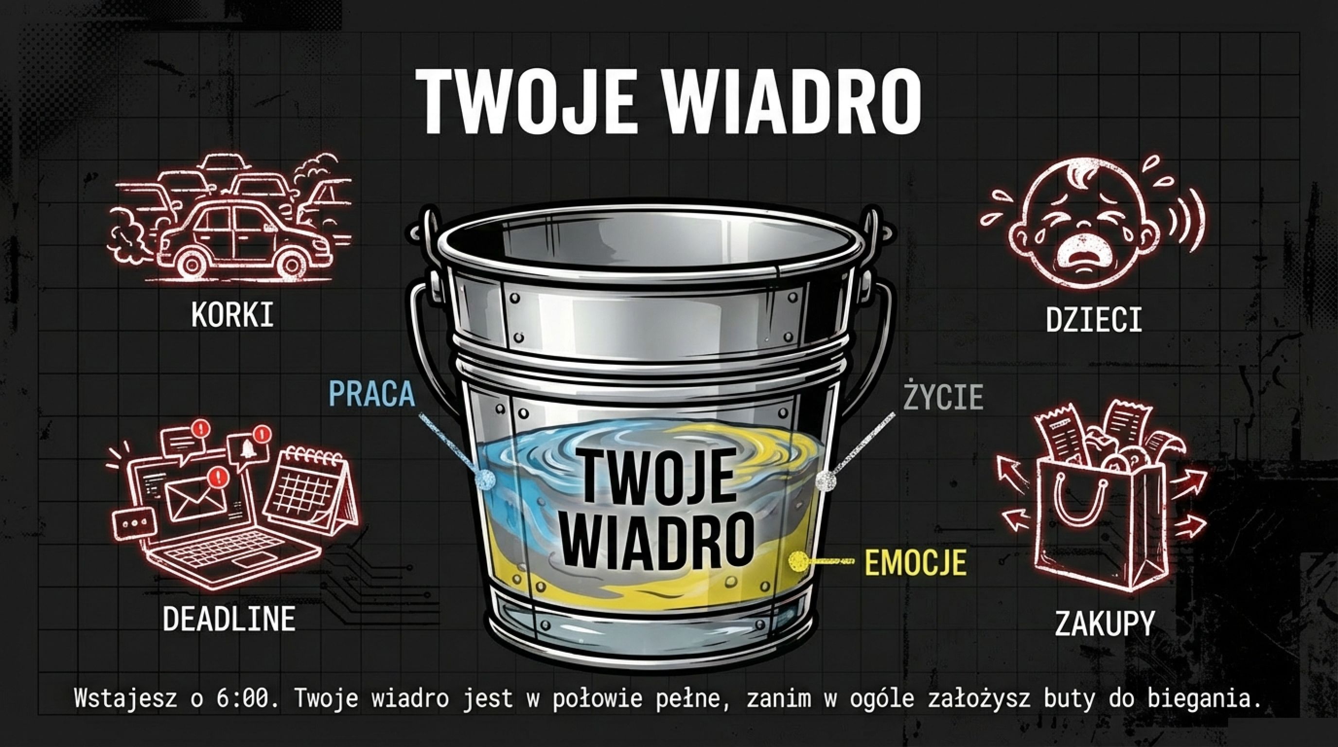Twoje wiadro jest w połowie pełne, zanim jeszcze założysz buty do biegania - praca, emocje, życie