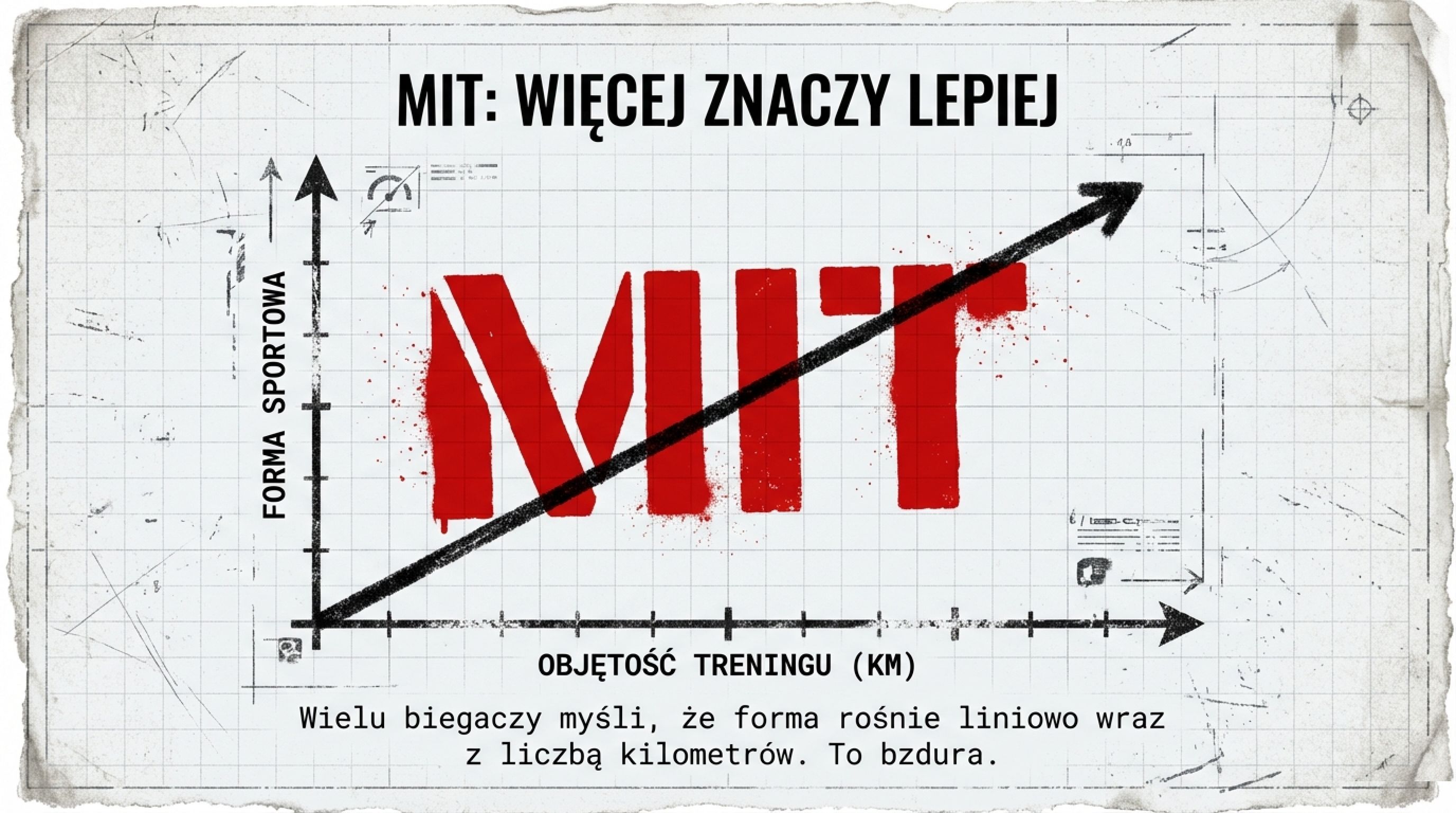 Mit więcej znaczy lepiej - wykres formy jako linia prosta w górę, przekreślony jako mit