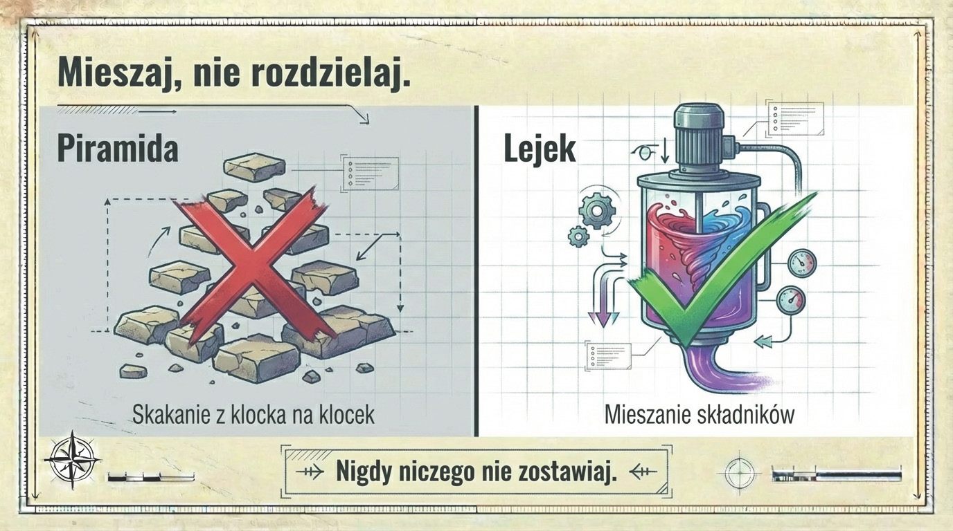 Mieszaj, nie rozdzielaj - piramida to skakanie z klocka na klocek, lejek to mieszanie składników