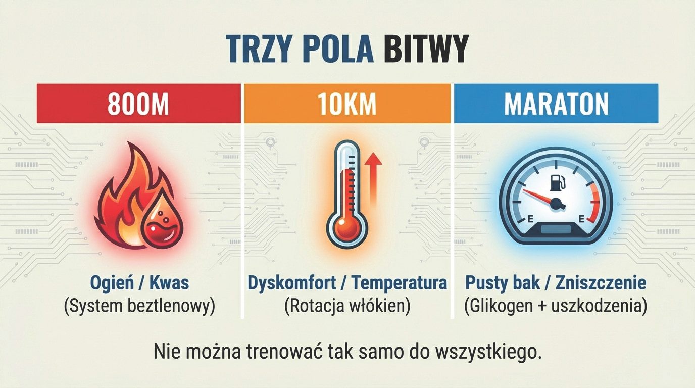 Trzy pola bitwy - 800 m, 10 km i maraton mają zupełnie inny dominujący mechanizm zmęczenia