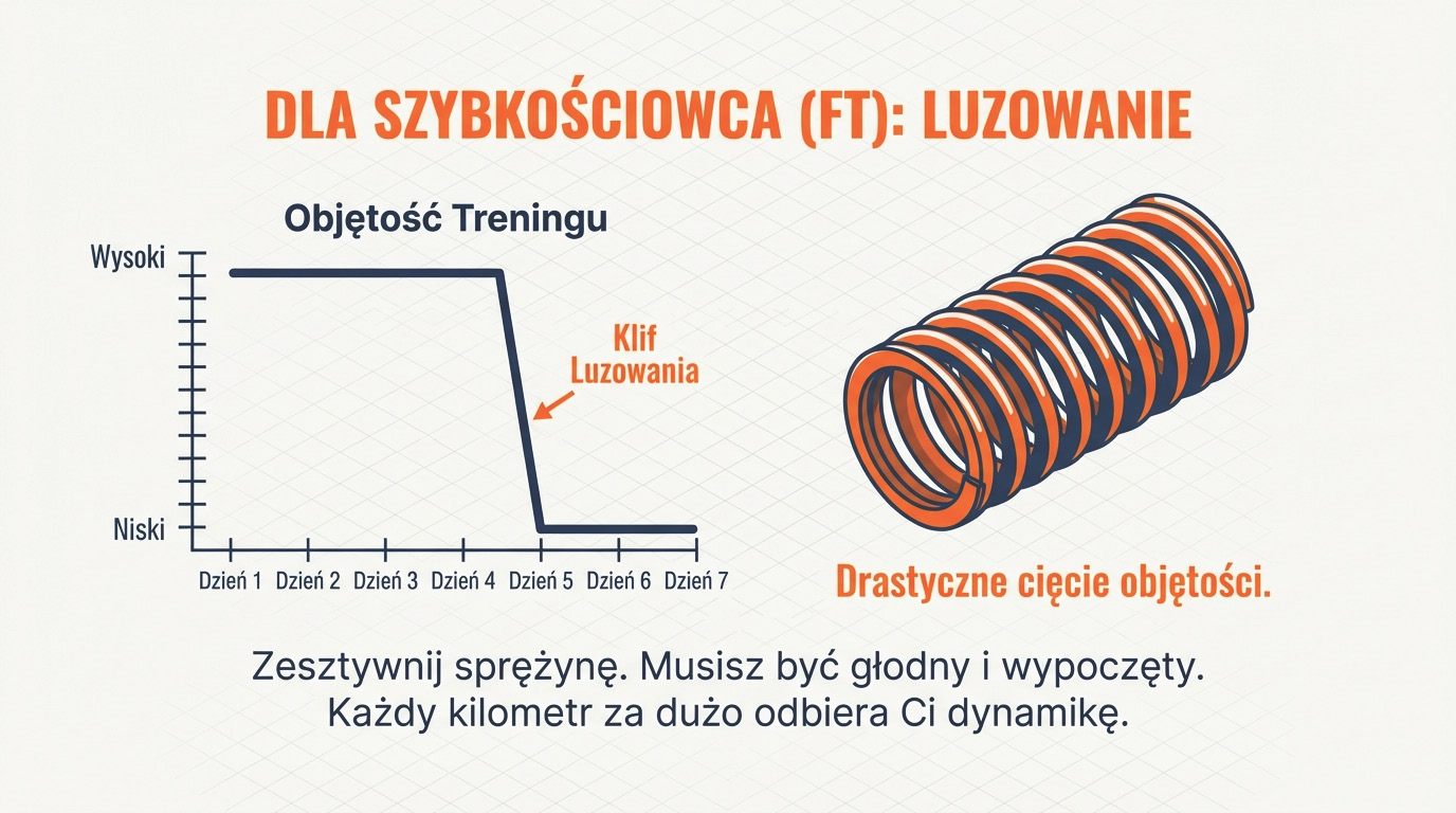 Dla typu szybkościowego: drastyczne luzowanie, klif luzowania objętości treningu